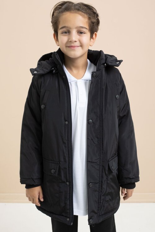 Siyah İçi Kürklü Çıtçıtlı Cepli Uzun Kesim Erkek Çocuk Kapüşonlu Şişme Mont 21444
