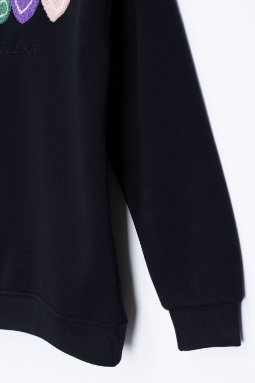 Siyah Kalp Nakışlı Bisiklet Yaka Kız Çocuk Şardonlu Sweatshirt 23250