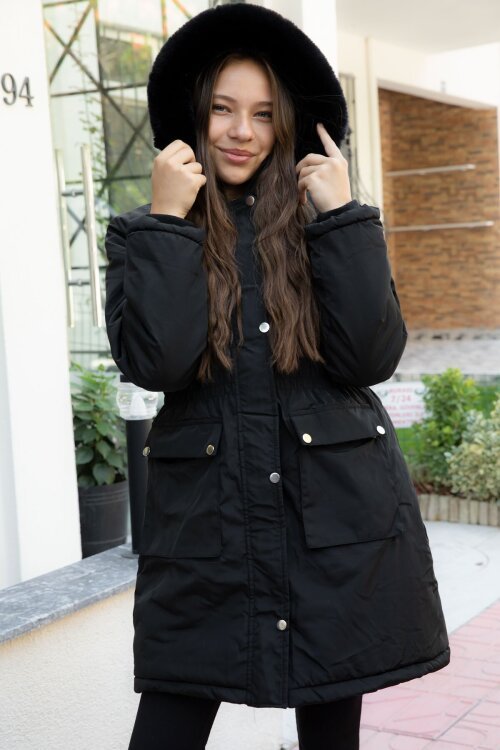 Siyah Kapaklı Cepli İçi Kürklü Çıkarılabilir Kapüşonlu Kız Çocuk Şişme Mont 21480