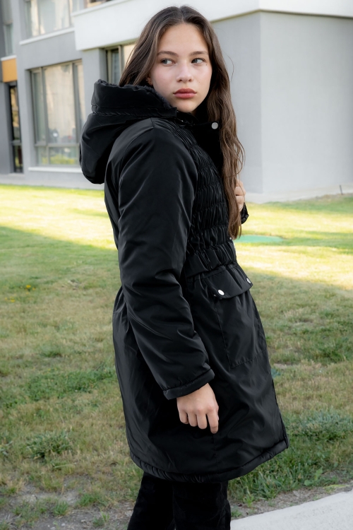 Siyah Kemerli Nubuk Kumaş Kız Çocuk İçi Kürklü Kapüşonlu Şişme Mont 21311