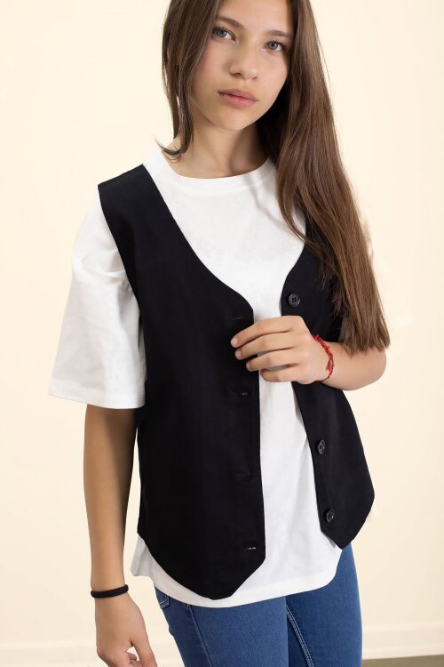 Siyah Keten Düğmeli Yelekli Oversize Tişörtlü Kız Çocuk 2li Takım 21006