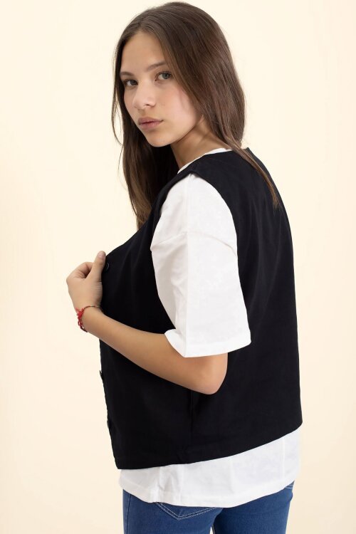 Siyah Keten Düğmeli Yelekli Oversize Tişörtlü Kız Çocuk 2li Takım 21006