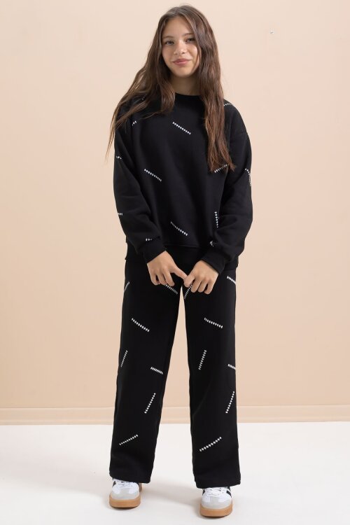 Siyah Kız Çocuk Desenli 3 İplik Şardonlu Geniş Paça Eşofman Takımı 22642