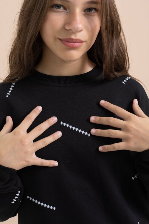 Siyah Kız Çocuk Desenli 3 İplik Şardonlu Geniş Paça Eşofman Takımı 22642