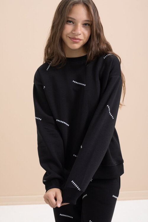 Siyah Kız Çocuk Desenli 3 İplik Şardonlu Geniş Paça Eşofman Takımı 22642