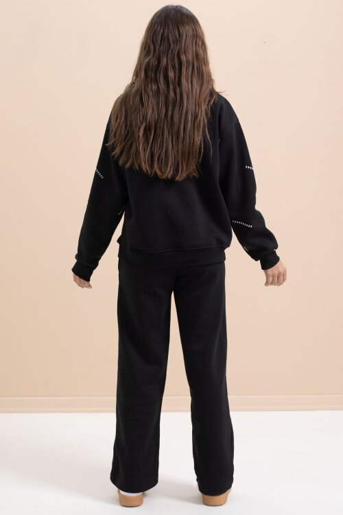 Siyah Kız Çocuk Desenli 3 İplik Şardonlu Geniş Paça Eşofman Takımı 22642