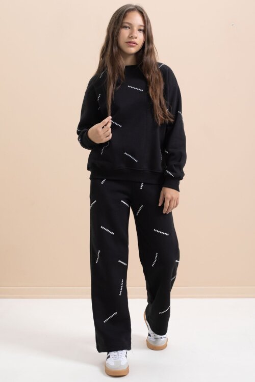 Siyah Kız Çocuk Desenli 3 İplik Şardonlu Geniş Paça Eşofman Takımı 22642