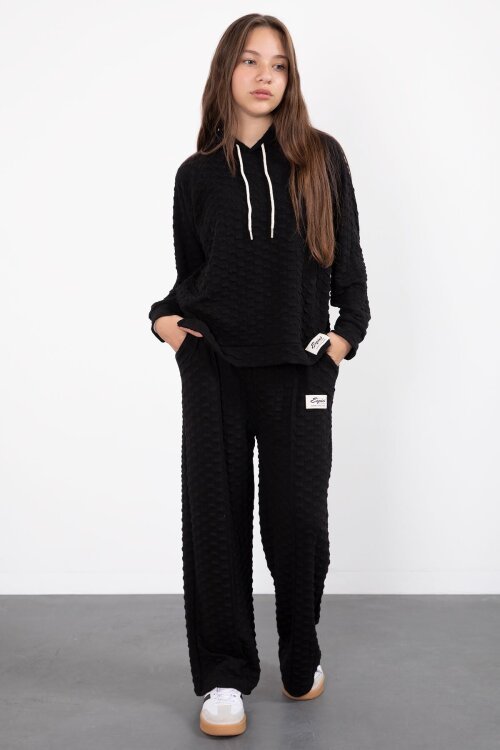 Siyah Kız Çocuk Dokulu Geniş Paça Kapüşonlu Eşofman Takımı 23301