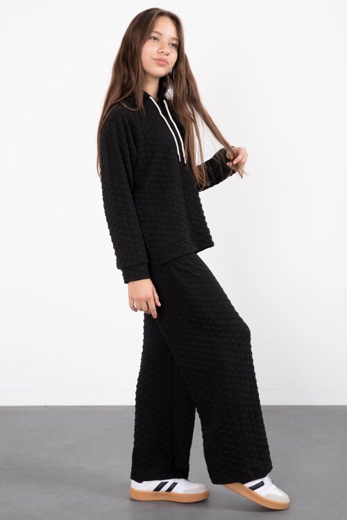 Siyah Kız Çocuk Dokulu Geniş Paça Kapüşonlu Eşofman Takımı 23301