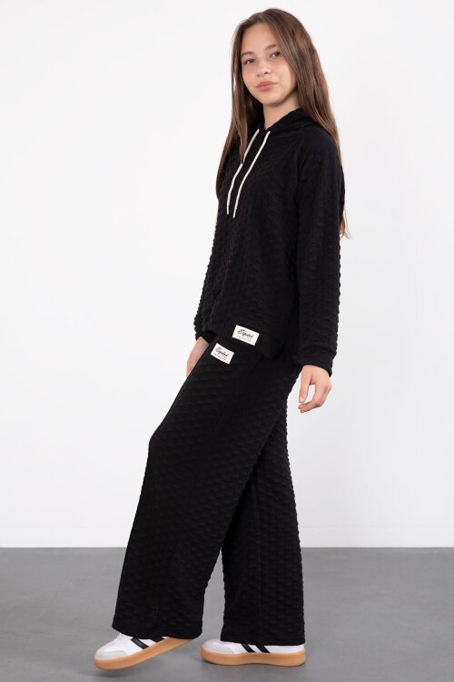 Siyah Kız Çocuk Dokulu Geniş Paça Kapüşonlu Eşofman Takımı 23301