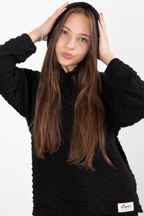 Siyah Kız Çocuk Dokulu Geniş Paça Kapüşonlu Eşofman Takımı 23301