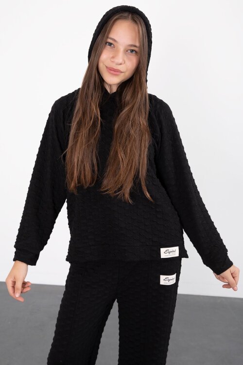 Siyah Kız Çocuk Dokulu Geniş Paça Kapüşonlu Eşofman Takımı 23301