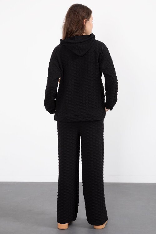 Siyah Kız Çocuk Dokulu Geniş Paça Kapüşonlu Eşofman Takımı 23301