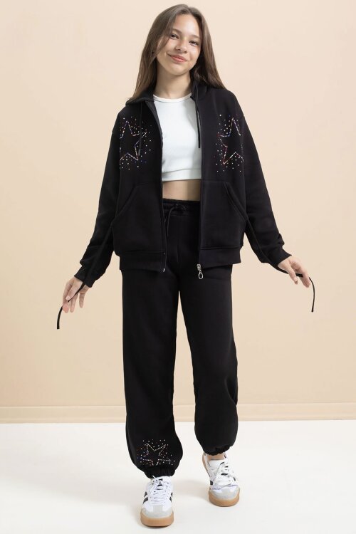 Siyah Kız Çocuk Şardonlu Boncuk İşlemeli 2li Takım 21414