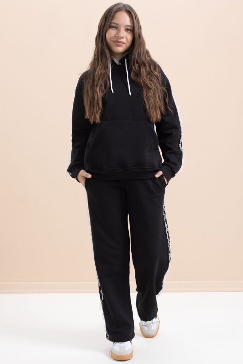 Siyah Kız Çocuk Şardonlu Dantel Detaylı 3 İplik Takım 21503