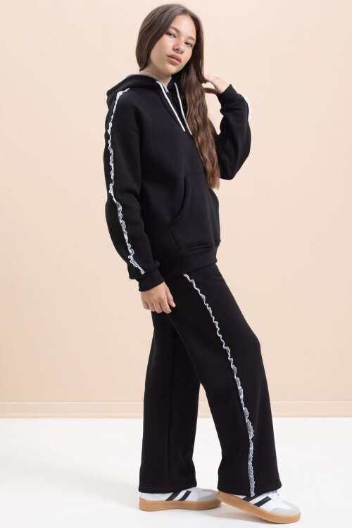 Siyah Kız Çocuk Şardonlu Dantel Detaylı 3 İplik Takım 21503