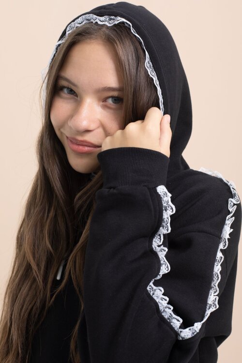 Siyah Kız Çocuk Şardonlu Dantel Detaylı 3 İplik Takım 21503