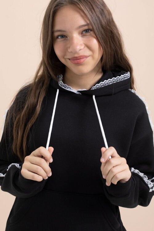 Siyah Kız Çocuk Şardonlu Dantel Detaylı 3 İplik Takım 21503