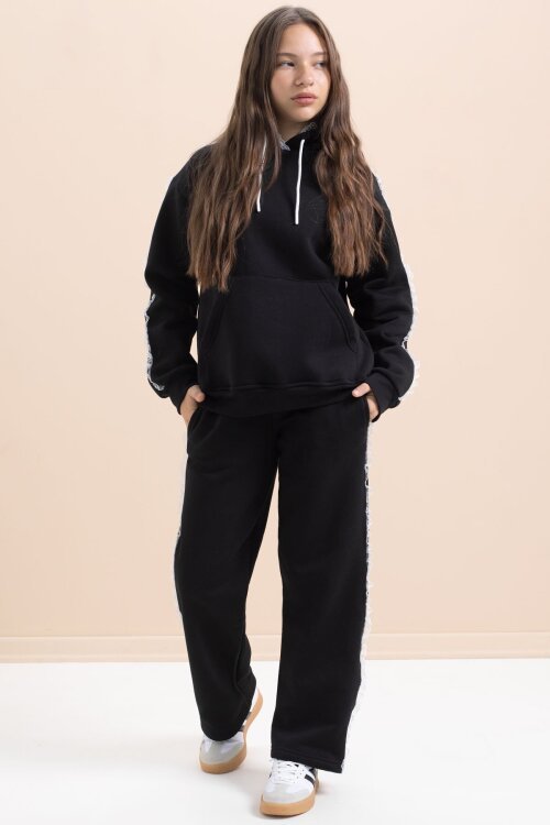 Siyah Kız Çocuk Şardonlu Dantel Detaylı 3 İplik Takım 21503