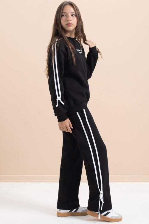 Siyah Kız Çocuk Şerit Detaylı 3 İplik Şardonlu Takım 21513