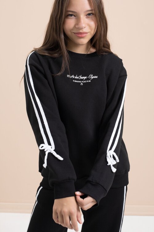 Siyah Kız Çocuk Şerit Detaylı 3 İplik Şardonlu Takım 21513