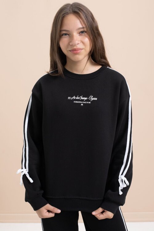 Siyah Kız Çocuk Şerit Detaylı 3 İplik Şardonlu Takım 21513