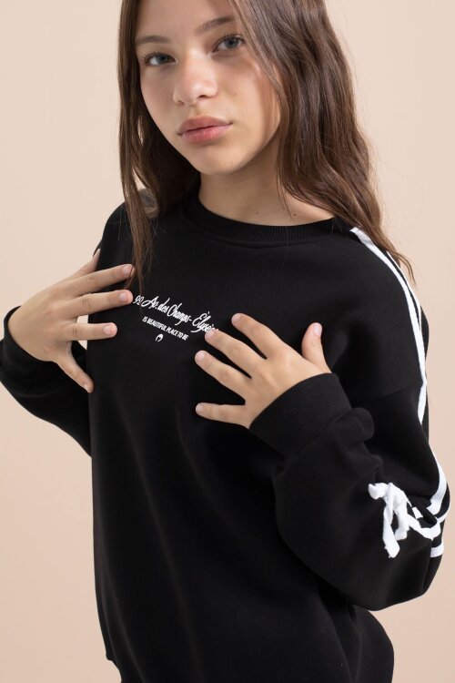 Siyah Kız Çocuk Şerit Detaylı 3 İplik Şardonlu Takım 21513