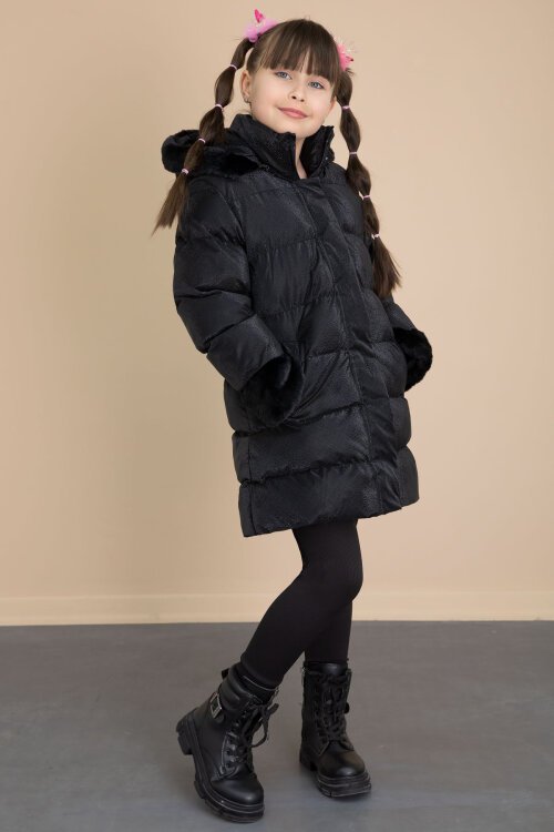 Siyah Kolu Kürk Detaylı İçi Yünlü Kız Çocuk Kapüşonlu Şişme Mont 21326