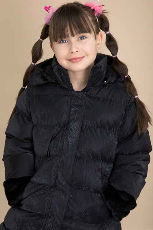 Siyah Kolu Kürk Detaylı İçi Yünlü Kız Çocuk Kapüşonlu Şişme Mont 21326