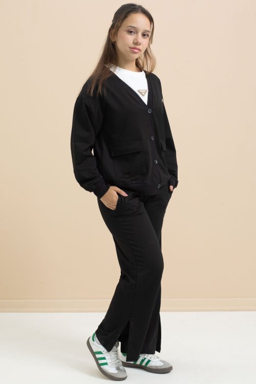 Siyah Logo Detaylı Düğmeli Hırkalı kız Çocuk Yırtmaçlı 3lü Atl-Üst Takım 21374