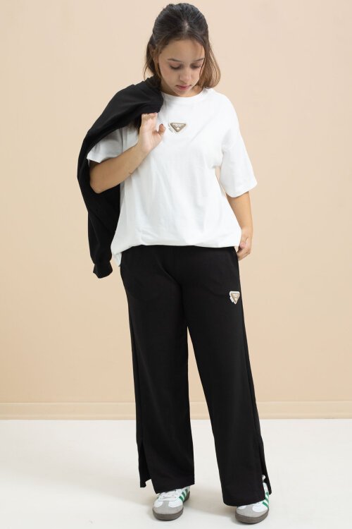 Siyah Logo Detaylı Düğmeli Hırkalı kız Çocuk Yırtmaçlı 3lü Atl-Üst Takım 21374