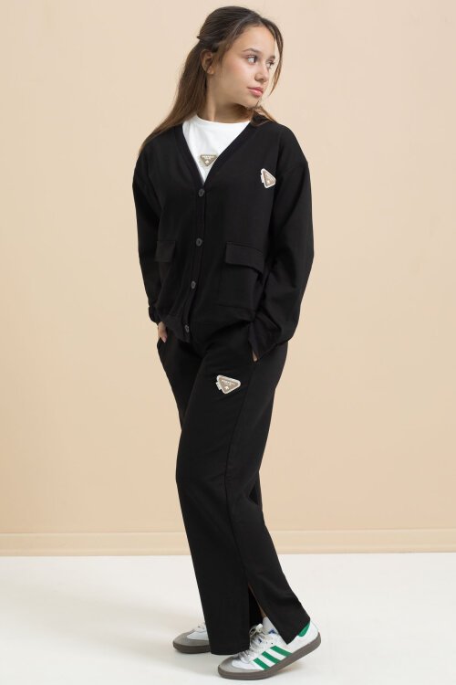 Siyah Logo Detaylı Düğmeli Hırkalı kız Çocuk Yırtmaçlı 3lü Atl-Üst Takım 21374