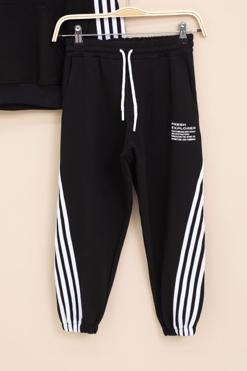 Siyah Şerit Detaylı Yazı Baskılı Kapüşonlu Erkek Çocuk Eşofman Takımı 21453