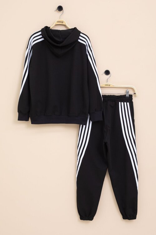 Siyah Şerit Detaylı Yazı Baskılı Kapüşonlu Erkek Çocuk Eşofman Takımı 21453