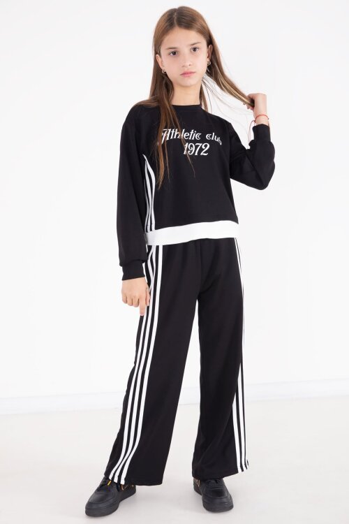 Siyah Şerit Detaylı Yazılı Geniş Paça Kız Çocuk Takım 22772