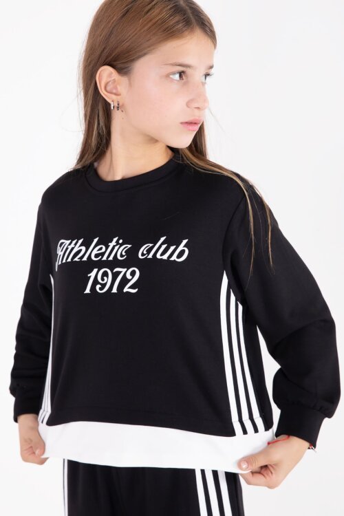 Siyah Şerit Detaylı Yazılı Geniş Paça Kız Çocuk Takım 22772