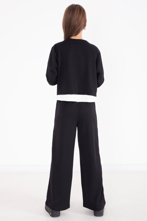 Siyah Şerit Detaylı Yazılı Geniş Paça Kız Çocuk Takım 22772