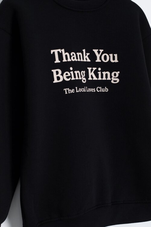 Siyah Yazı Baskılı Bisiklet Yaka Kız Çocuk Şardonlu Sweatshirt 23255