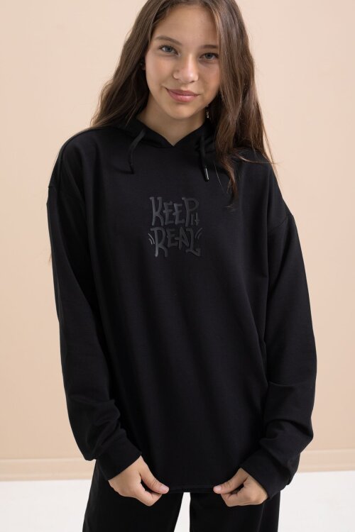 Siyah Yazı Baskılı Kapüşonlu Geniş Paça Kız Çocuk Eşofman Takımı 21429