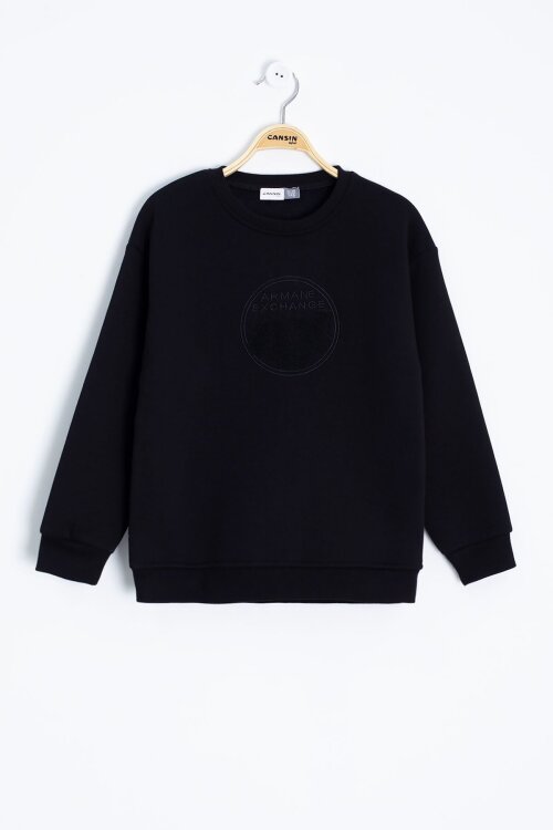 Siyah Yazı Nakışlı Bisiklet Yaka Erkek Çocuk Şardonlu Sweatshirt 23245