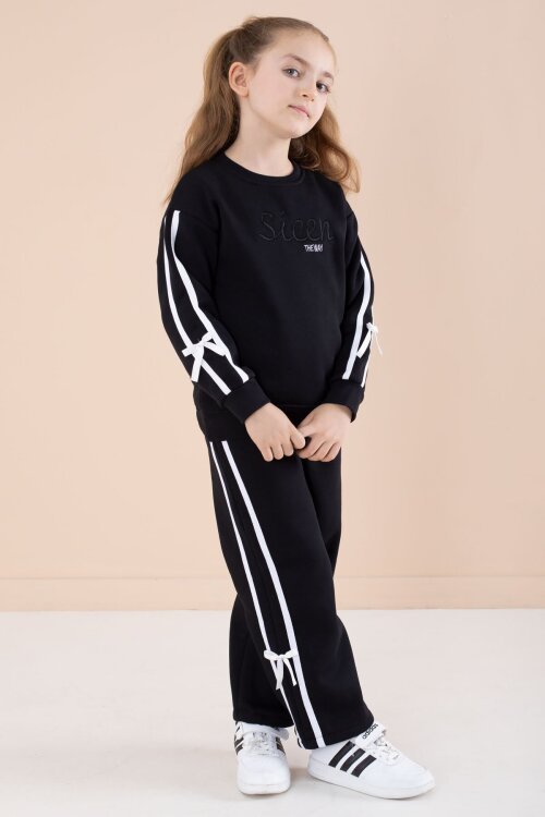 Siyah Yazı Nakışlı Şerit Detaylı Şardonlu Kız Çocuk Eşofman Takımı  23236