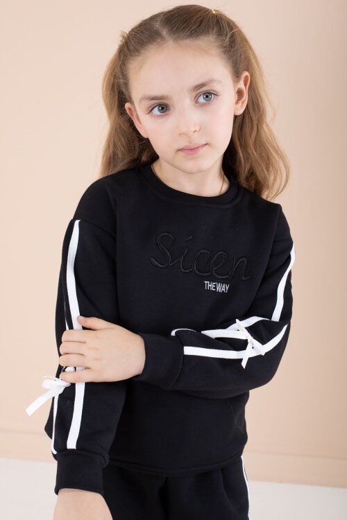 Siyah Yazı Nakışlı Şerit Detaylı Şardonlu Kız Çocuk Eşofman Takımı  23236