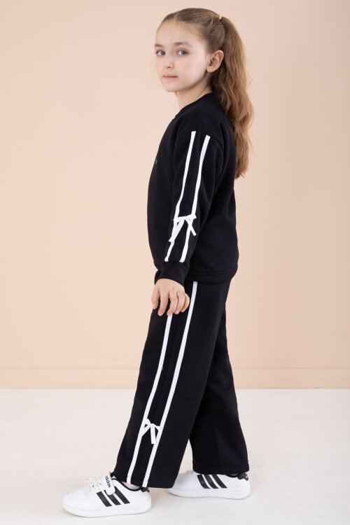 Siyah Yazı Nakışlı Şerit Detaylı Şardonlu Kız Çocuk Eşofman Takımı  23236