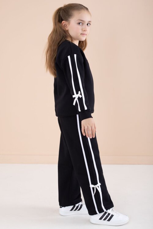 Siyah Yazı Nakışlı Şerit Detaylı Şardonlu Kız Çocuk Eşofman Takımı  23236