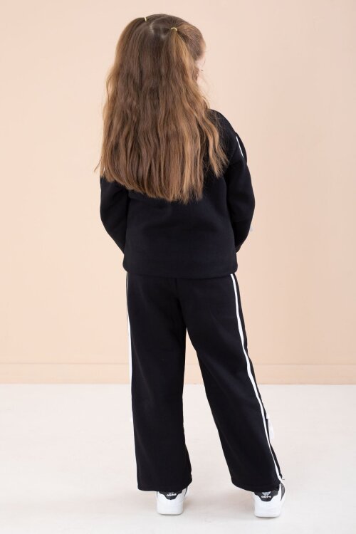 Siyah Yazı Nakışlı Şerit Detaylı Şardonlu Kız Çocuk Eşofman Takımı  23236