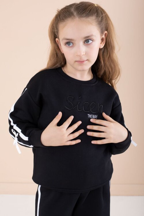 Siyah Yazı Nakışlı Şerit Detaylı Şardonlu Kız Çocuk Eşofman Takımı  23236