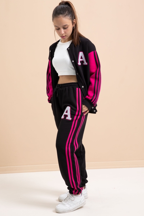 Siyah Yazılı Kolej Ceketli Kız Çocuk Şeritli 3 İplik Şardonlu Eşofman Takımı 21296