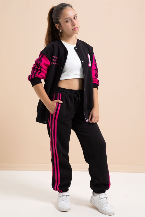 Siyah Yazılı Kolej Ceketli Kız Çocuk Şeritli 3 İplik Şardonlu Eşofman Takımı 21296