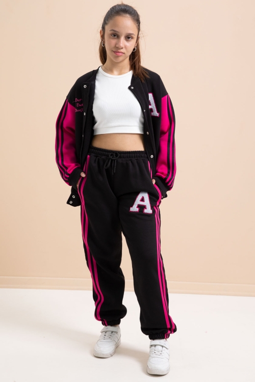 Siyah Yazılı Kolej Ceketli Kız Çocuk Şeritli 3 İplik Şardonlu Eşofman Takımı 21296