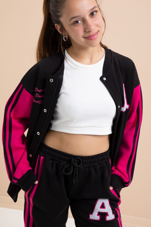 Siyah Yazılı Kolej Ceketli Kız Çocuk Şeritli 3 İplik Şardonlu Eşofman Takımı 21296